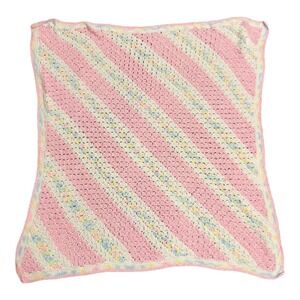 Handmade Crochet Baby Blanket Pink White Pastel Diagonal Stripe Knit Afghan
